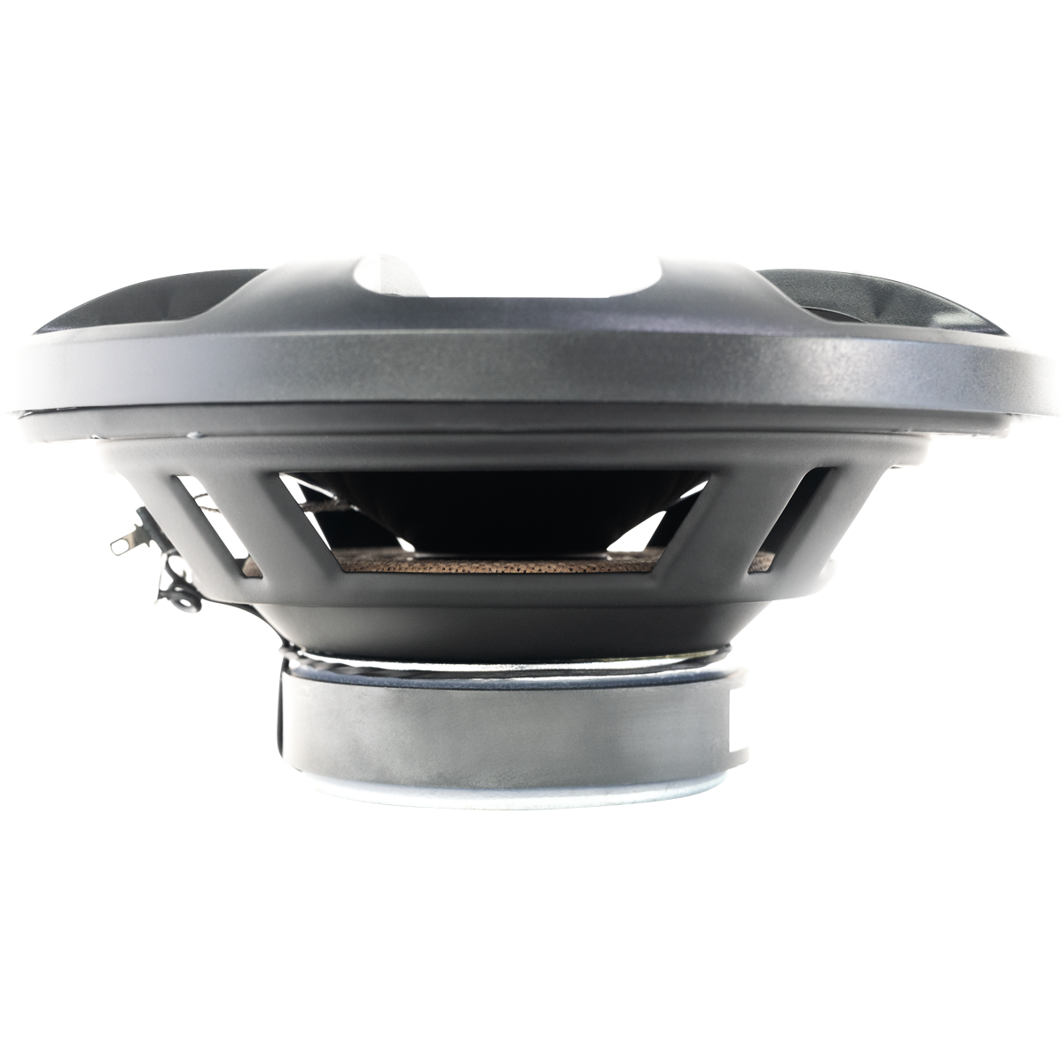 Single Stinger Audio 6.5" 50 Watt (RMS) Coaxial Car Speaker (wearing a grill) facing upwards on a white background