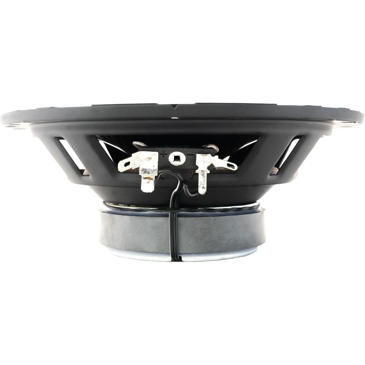 Single Stinger Audio 6.5" 50 Watt (RMS) Coaxial Car Speaker (no grill) facing upwards/other side on a white background