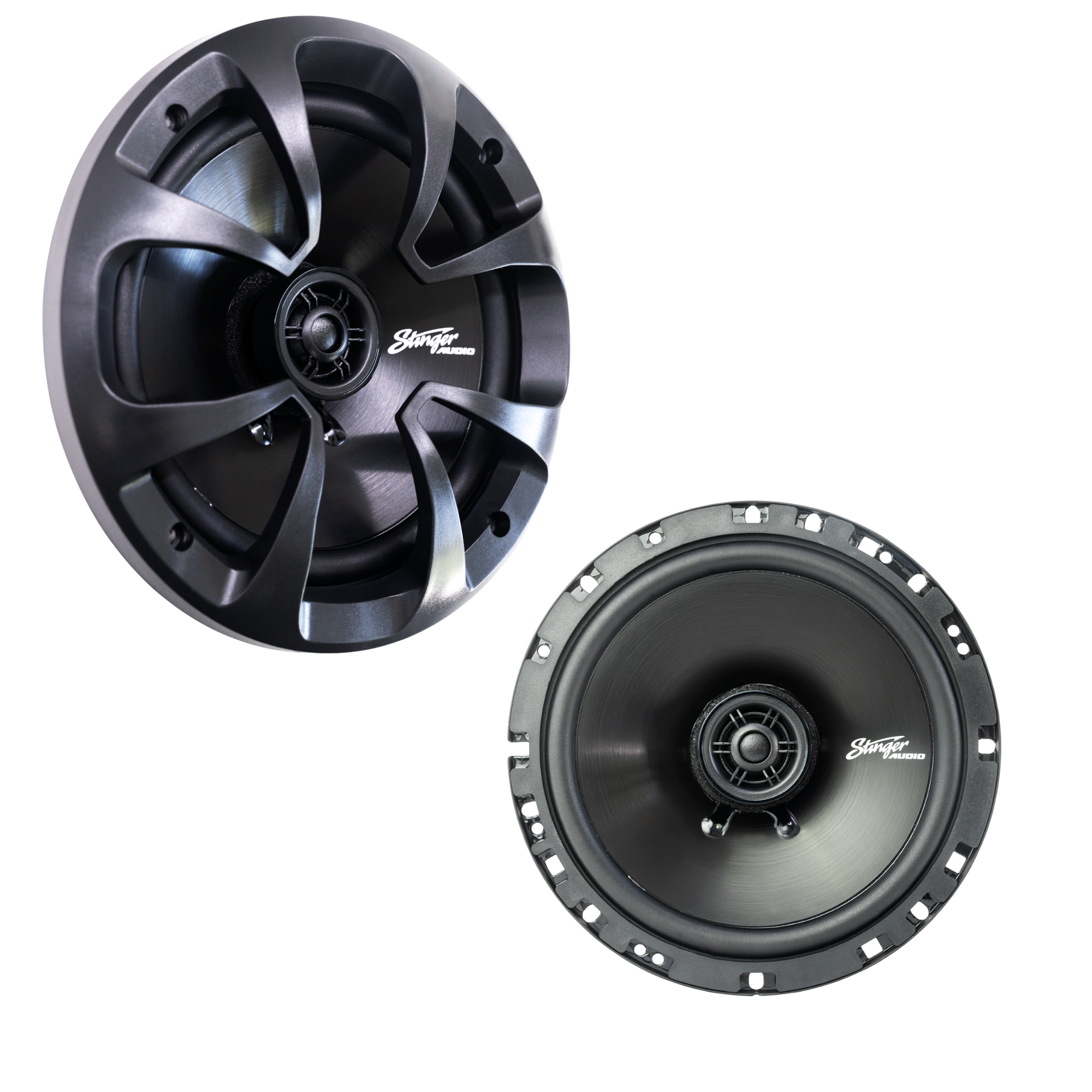 Stinger Audio 6.5" 50 Watt (RMS) Coaxial Car Speakers (Set of Two; one with grill and one without) on a white background