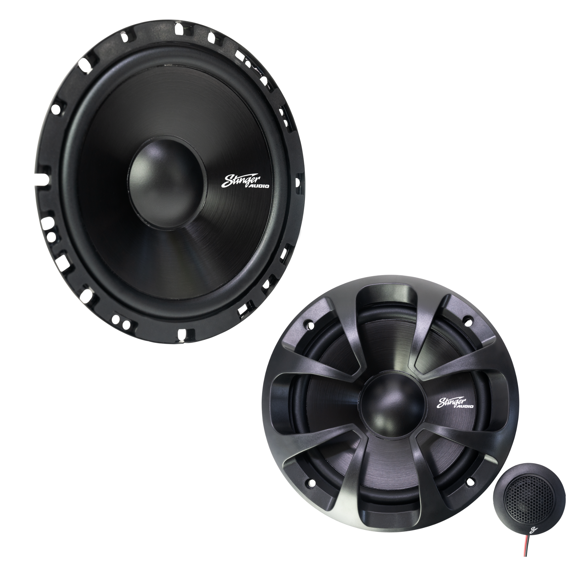 Stinger Audio 6.5" 50 Watt (RMS) Component Car Speakers (Set of Two; one with grill and one without) and a wired tweeter on a white background