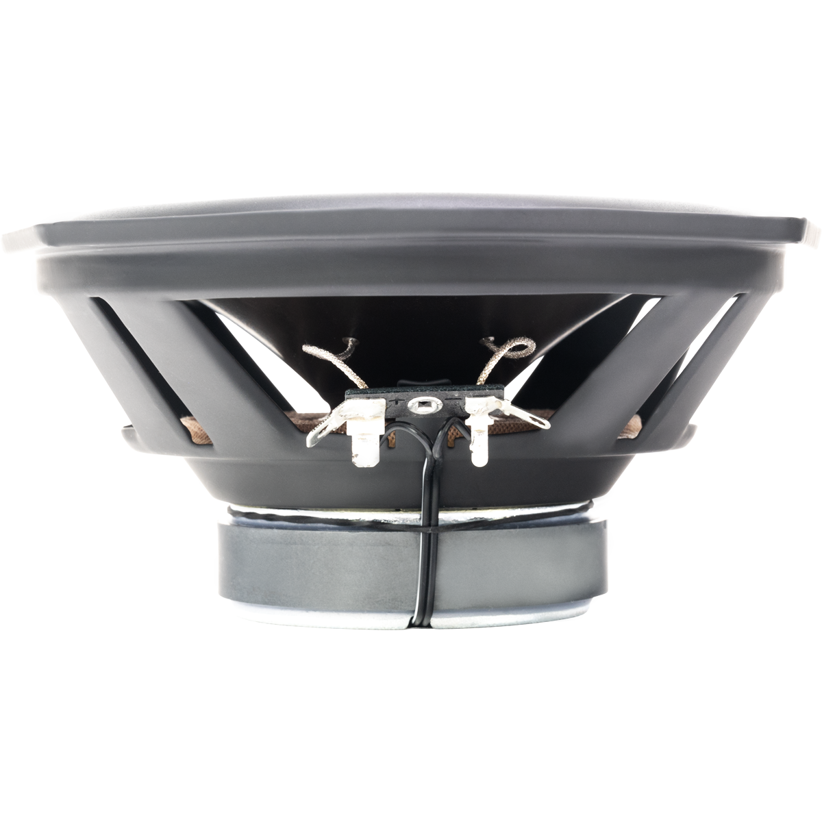 Single Stinger Audio 6x9" 50 Watt (RMS) Coaxial Car Speaker (wearing a grill) facing upwards on a white background
