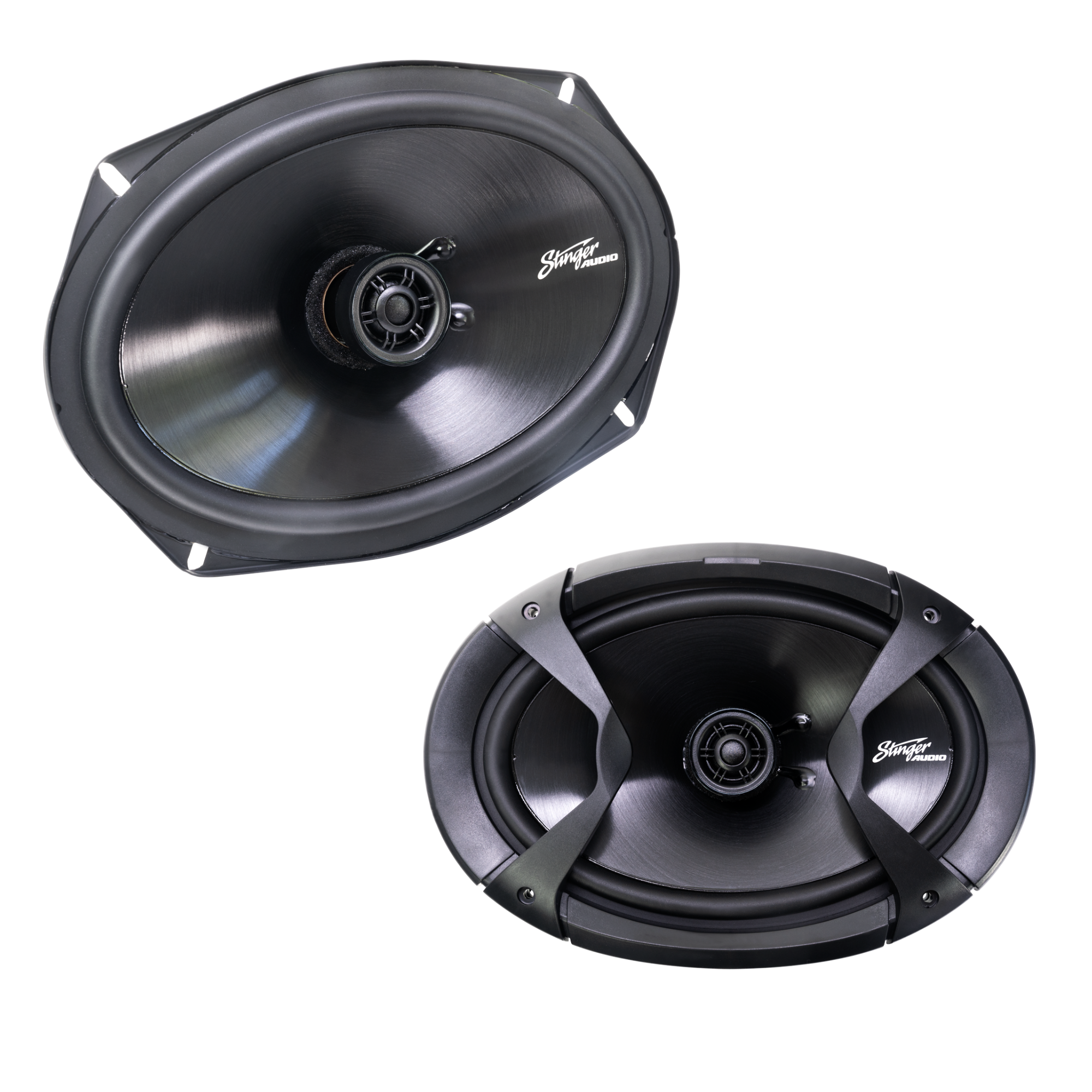 Stinger Audio 6x9" 50 Watt (RMS) Coaxial Car Speakers (Set of Two; one with grill and one without) on a white background