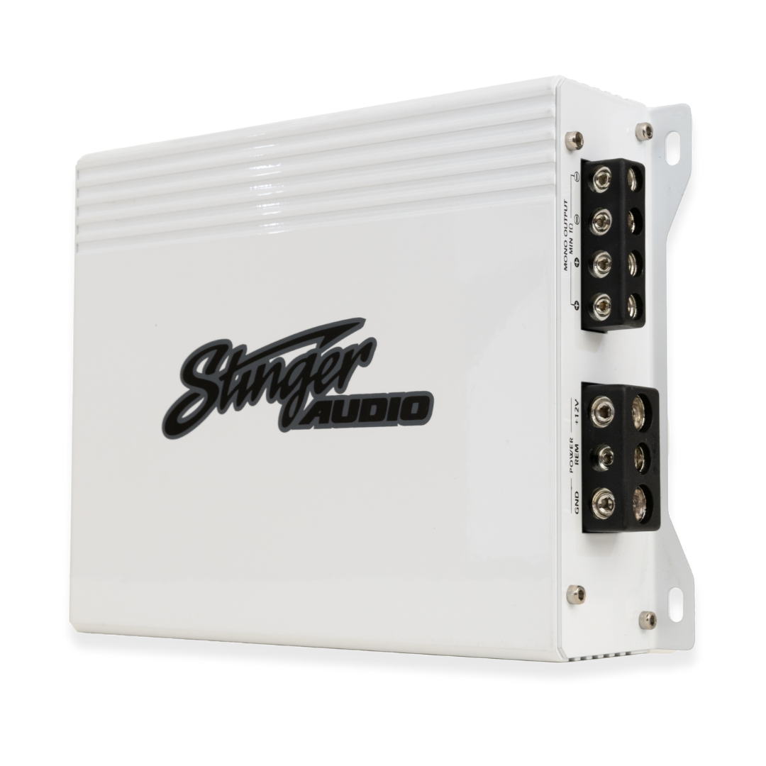 Stinger Audio 1000 watt amplifier in the color white