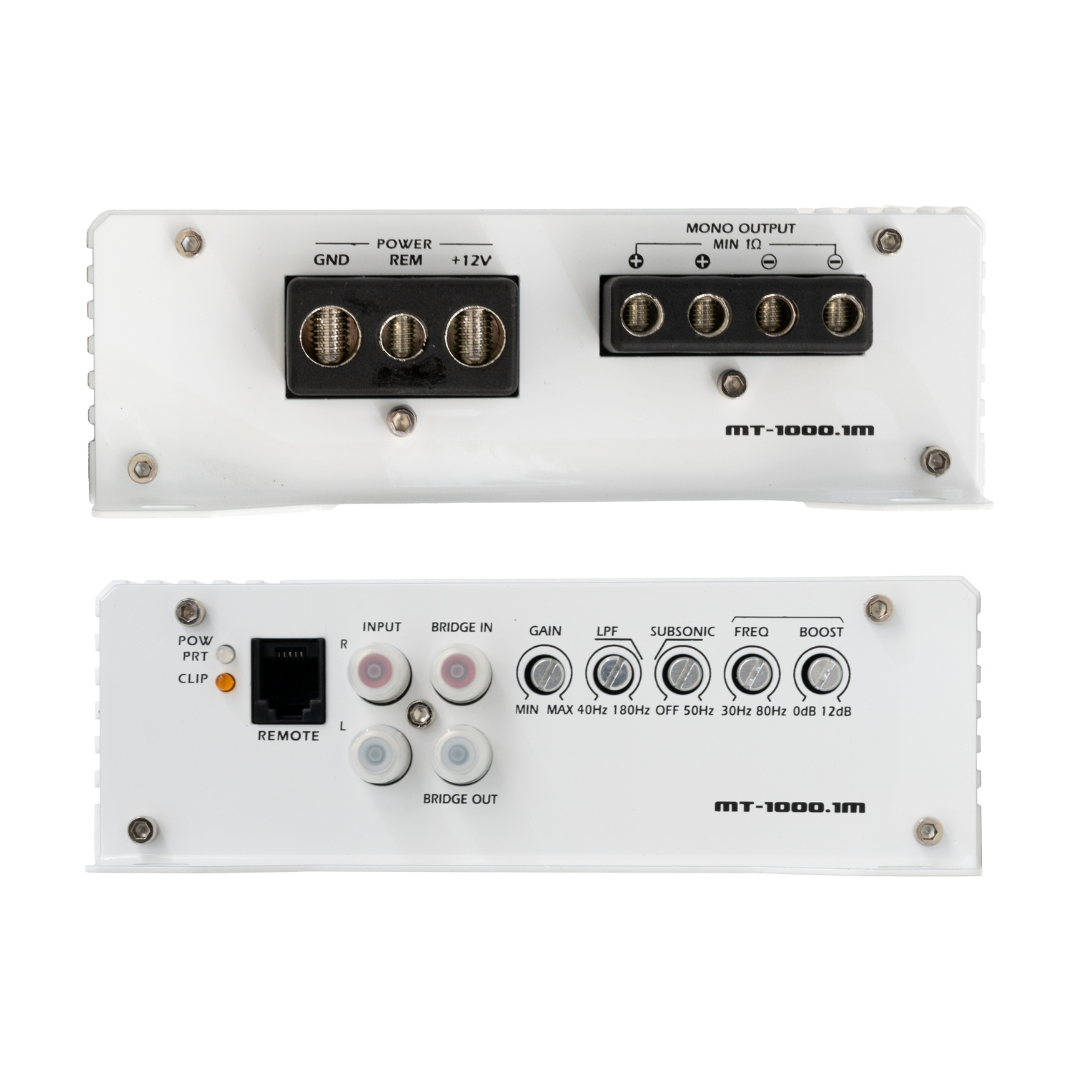 Stinger Audio monoblock marine amplifier in the color white displaying left and right ends of inputs and gauges