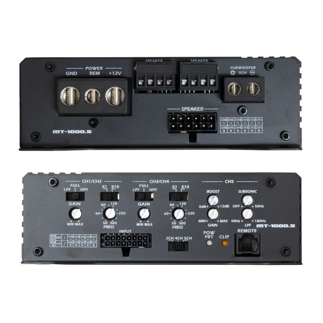 Stinger Audio 5 channel amplifier in the color black displaying left and right ends of inputs and gauges