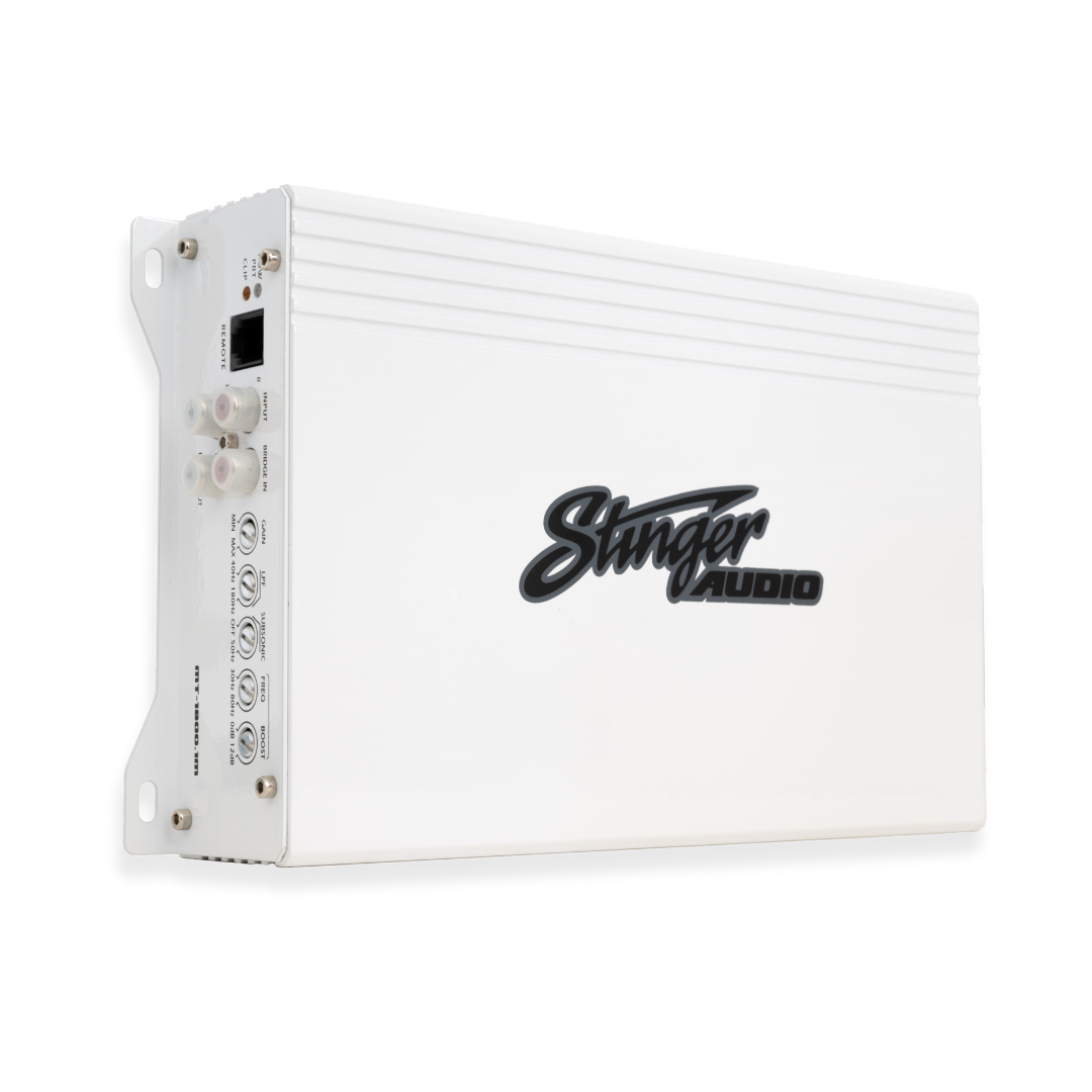 Stinger Audio monoblock marine amplifier in the color white
