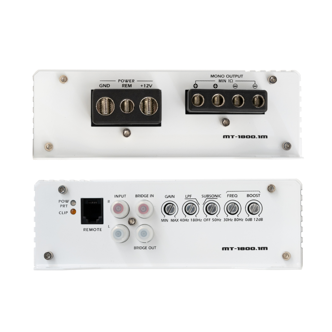 Stinger Audio monoblock marine amplifier in the color white displaying left adn right ends of inputs and gauges