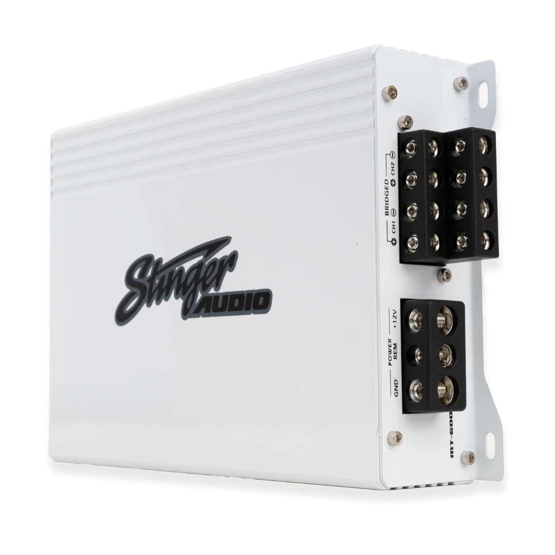 Stinger Audio multi-channel marine amplifier in the color white