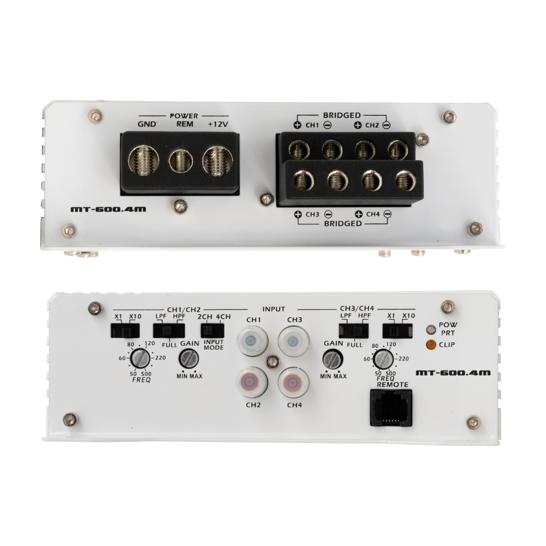 Stinger Audio 4 channel marine amplifier in the color white displaying left and right ends of inputs and gauges
