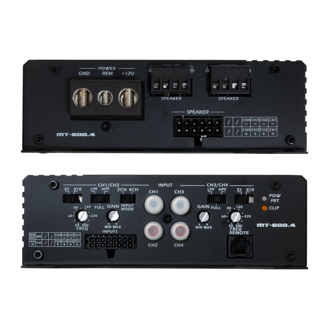 Stinger Audio 4 channel amplifier in the color black left and right end displaying inputs and gauges