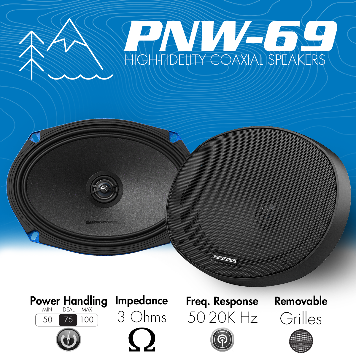 AudioControl PNW Series 6x9" 75 Watt (RMS) High-Fidelity Coaxial Speakers with Jeep Wrangler JL/Gladiator Sound Bar Mounting Kit (Pair)