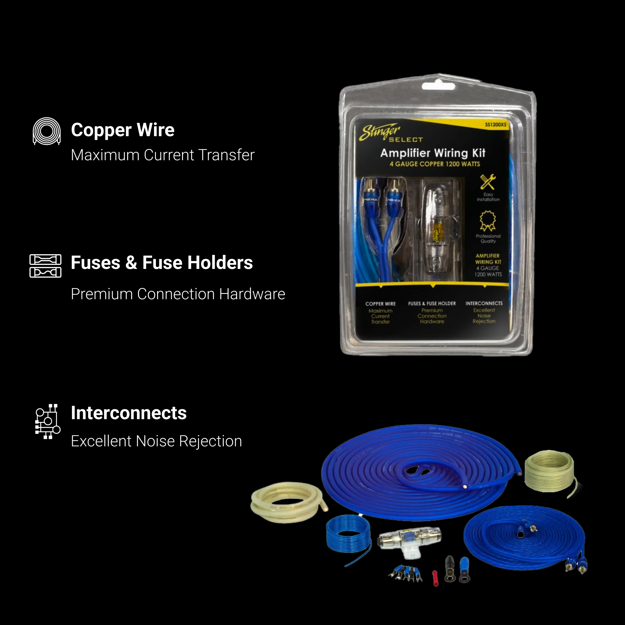 SS1200Xs Stinger Select Amplifier Wiring Kit "Copper Wire, Fuses and Fuse Holder, and Interconnects"