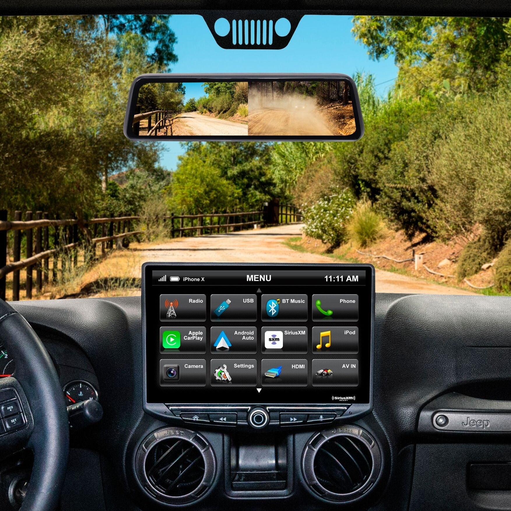 Jeep Wrangler HD Backup Camera & Replacement Rearview Mirror with Full Screen Monitor Kit & Built-In DVR