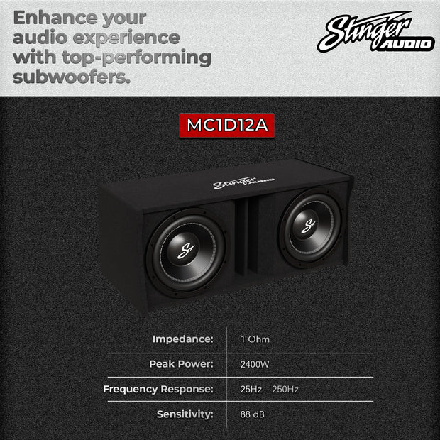 Dual 12" 1,400 Watt (RMS) Complete Subwoofer Enclosure (1,400 Watts RMS / 2,400 Watts Max) Bass Package with Amplifier & 4GA Wiring Kit