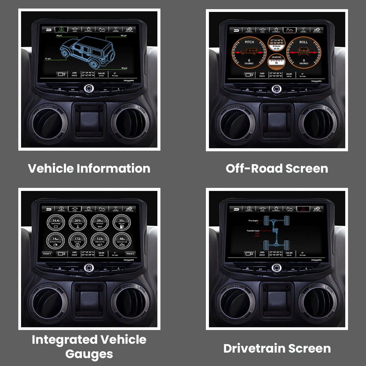 Jeep Wrangler JK (2011-2018) HEIGH10 10" Radio Fully Integrated Kit | Displays Vehicle Information and Off-Road Mode